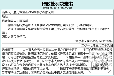 廈門章魚互動因違反《互聯(lián)網(wǎng)文化管理暫行規(guī)定》被處以3000元罰款